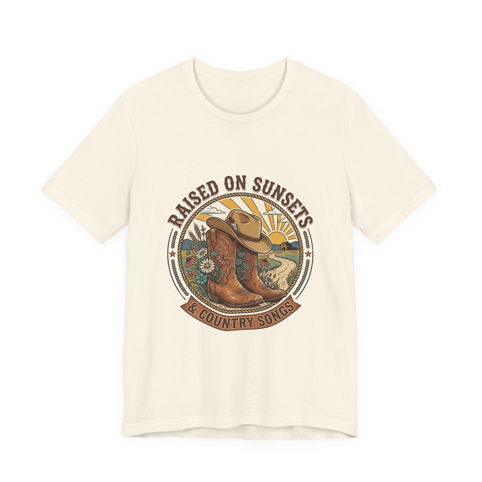 Raised on Sunsets Cowboy Boot Tee | Western Cowgirl Rustic Prairie
