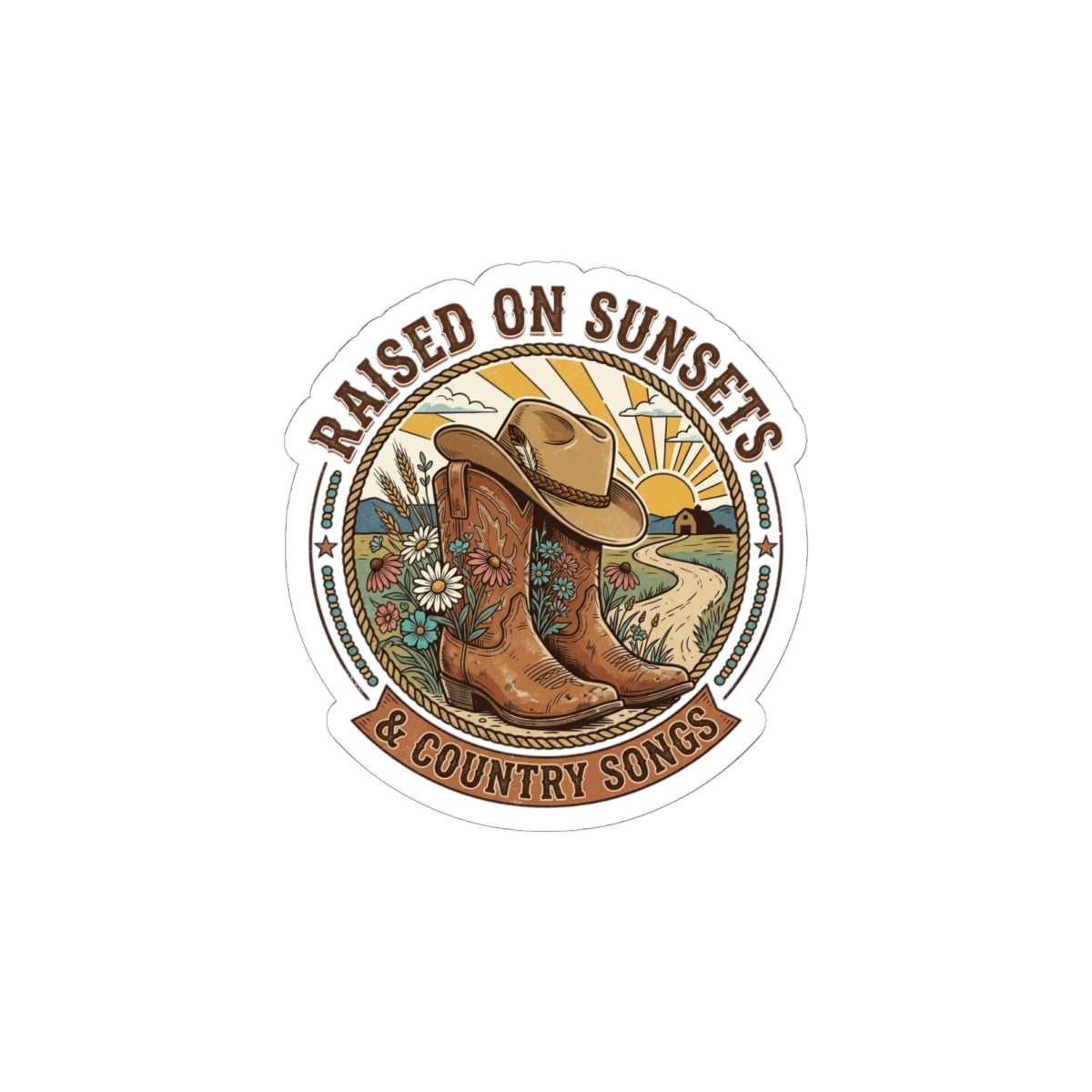 Raised on Sunsets Cowgirl Boots Sticker | Western, Rustic Prairie Vintage