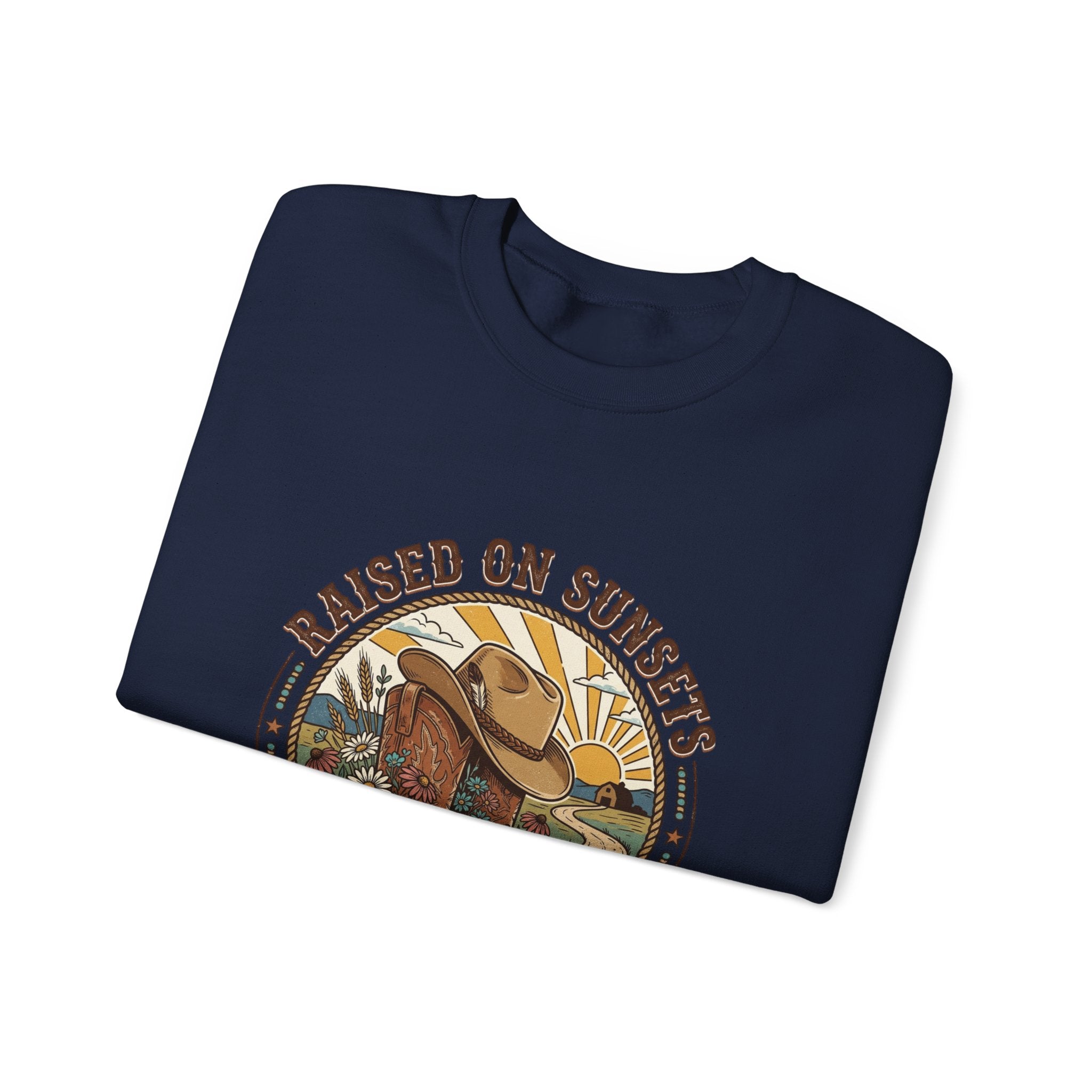Raised on Sunsets Crewneck Sweatshirt | Western Cowgirl Ranch Rustic Prairie Vintage