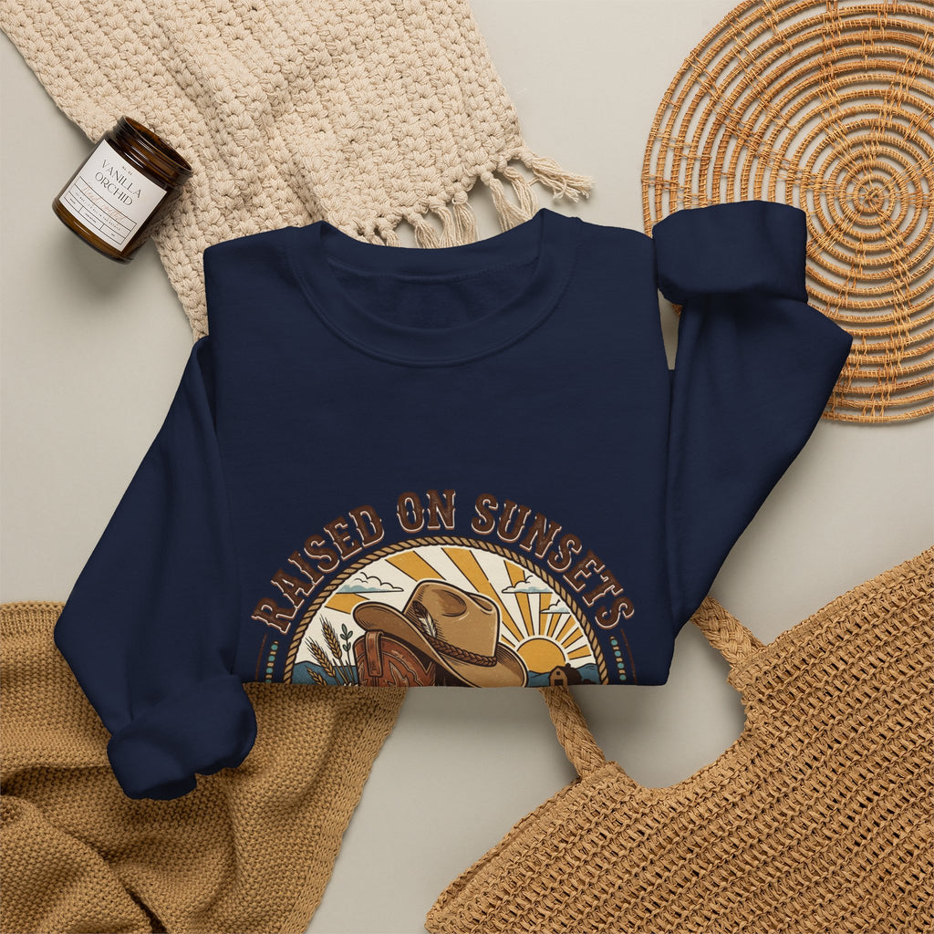 Raised on Sunsets Crewneck Sweatshirt | Western Cowgirl Ranch Rustic Prairie Vintage