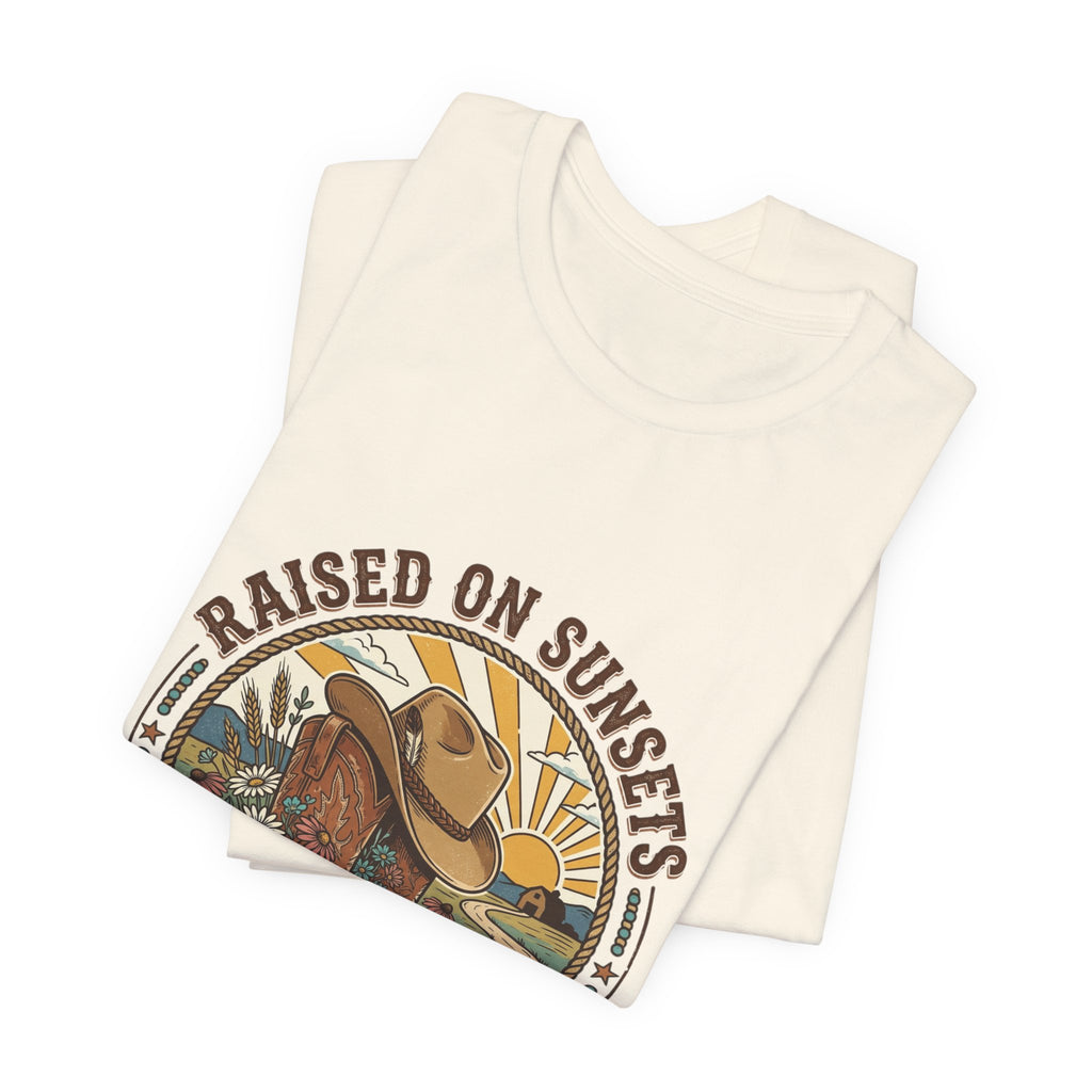 Raised on Sunsets Cowboy Boot Tee | Western Cowgirl Rustic Prairie