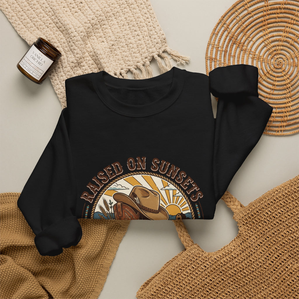 Raised on Sunsets Crewneck Sweatshirt | Western Cowgirl Ranch Rustic Prairie Vintage