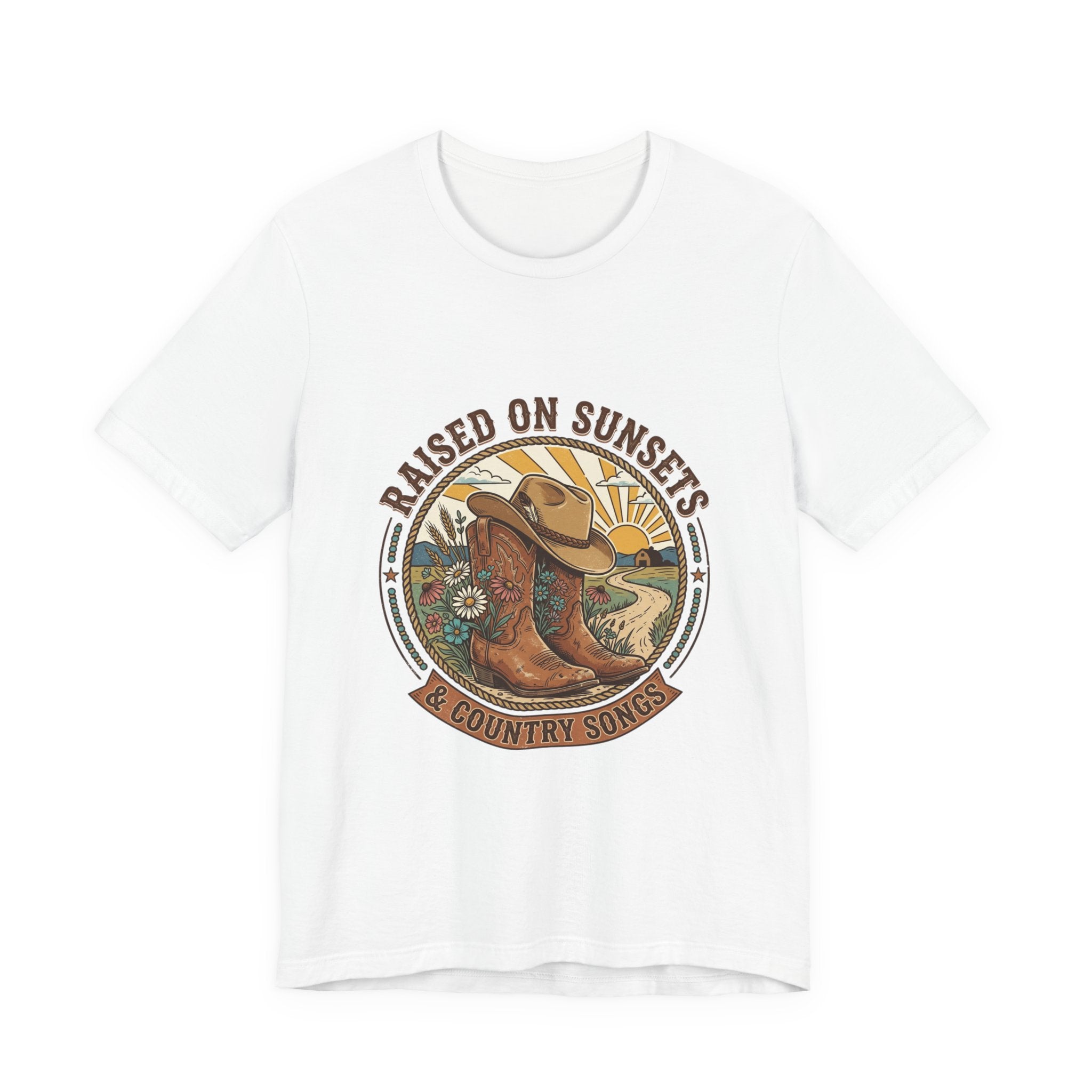 Raised on Sunsets Cowboy Boot Tee | Western Cowgirl Rustic Prairie