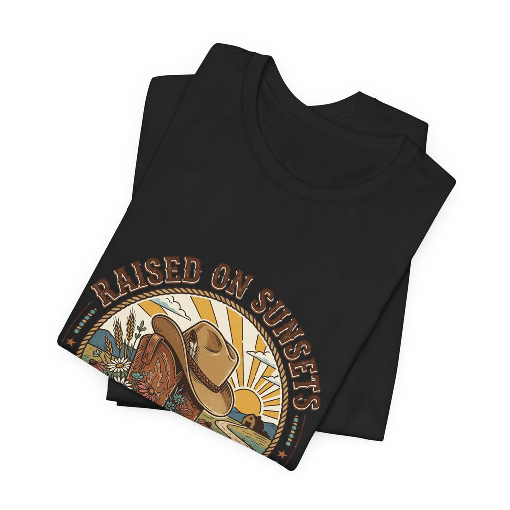 Raised on Sunsets Cowboy Boot Tee | Western Cowgirl Rustic Prairie