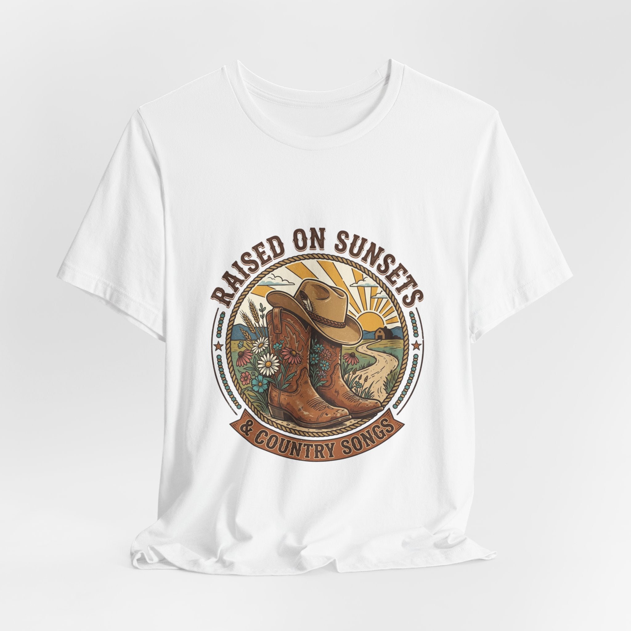 Raised on Sunsets Cowboy Boot Tee | Western Cowgirl Rustic Prairie