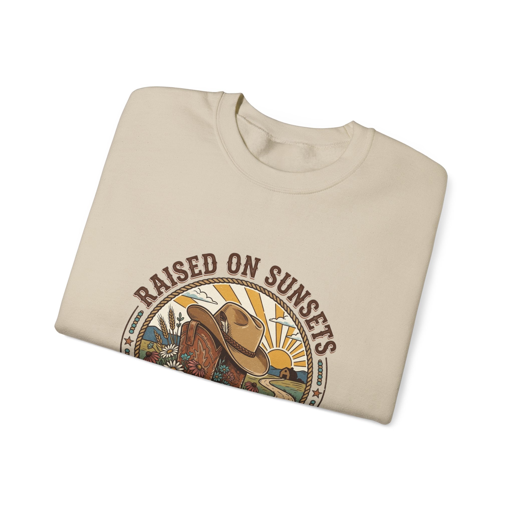 Raised on Sunsets Crewneck Sweatshirt | Western Cowgirl Ranch Rustic Prairie Vintage
