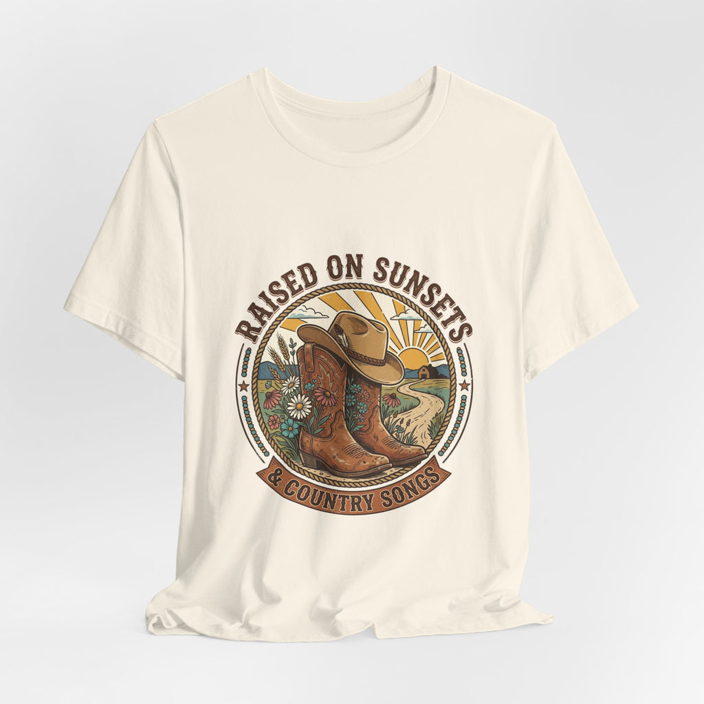 Raised on Sunsets Cowboy Boot Tee | Western Cowgirl Rustic Prairie