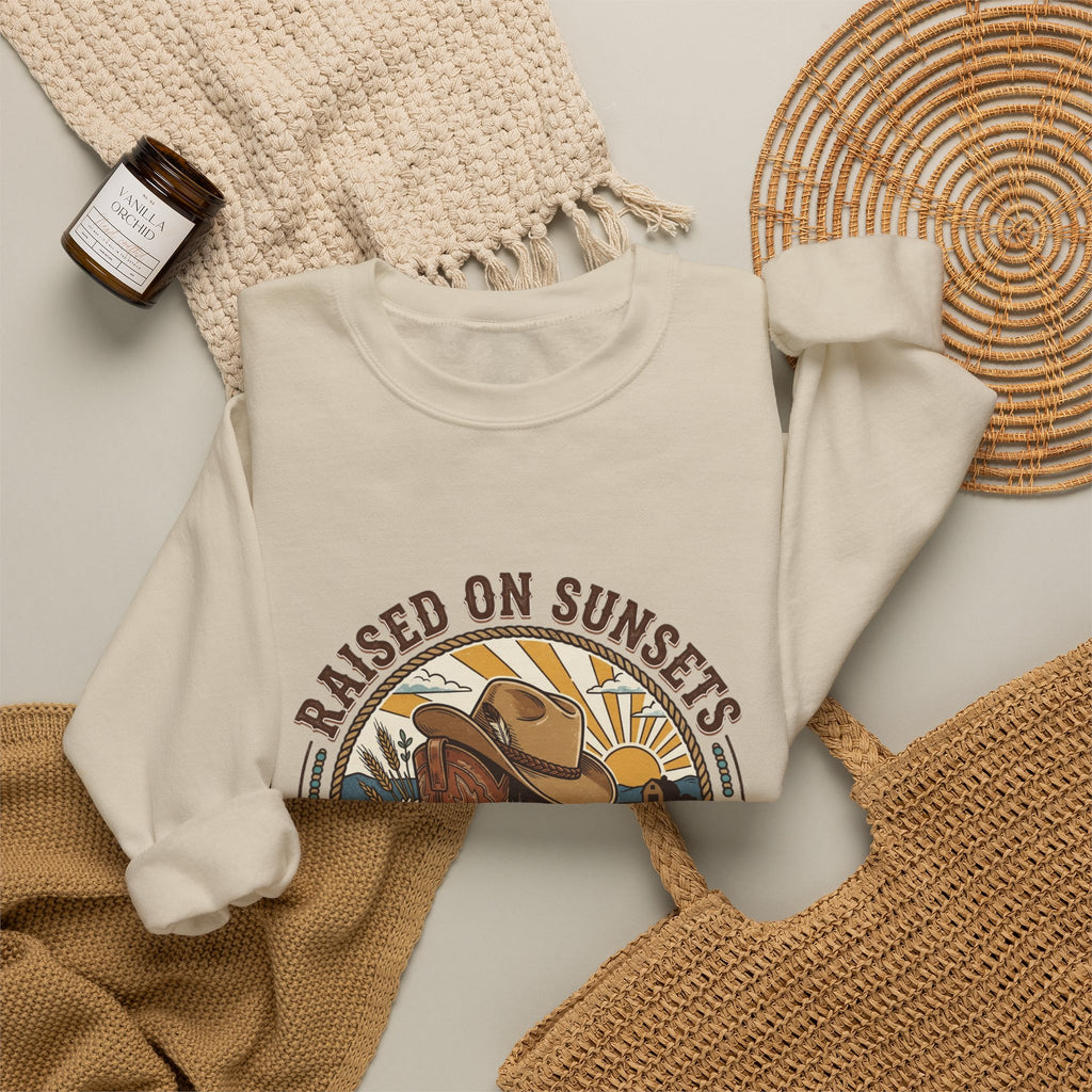 Raised on Sunsets Crewneck Sweatshirt | Western Cowgirl Ranch Rustic Prairie Vintage