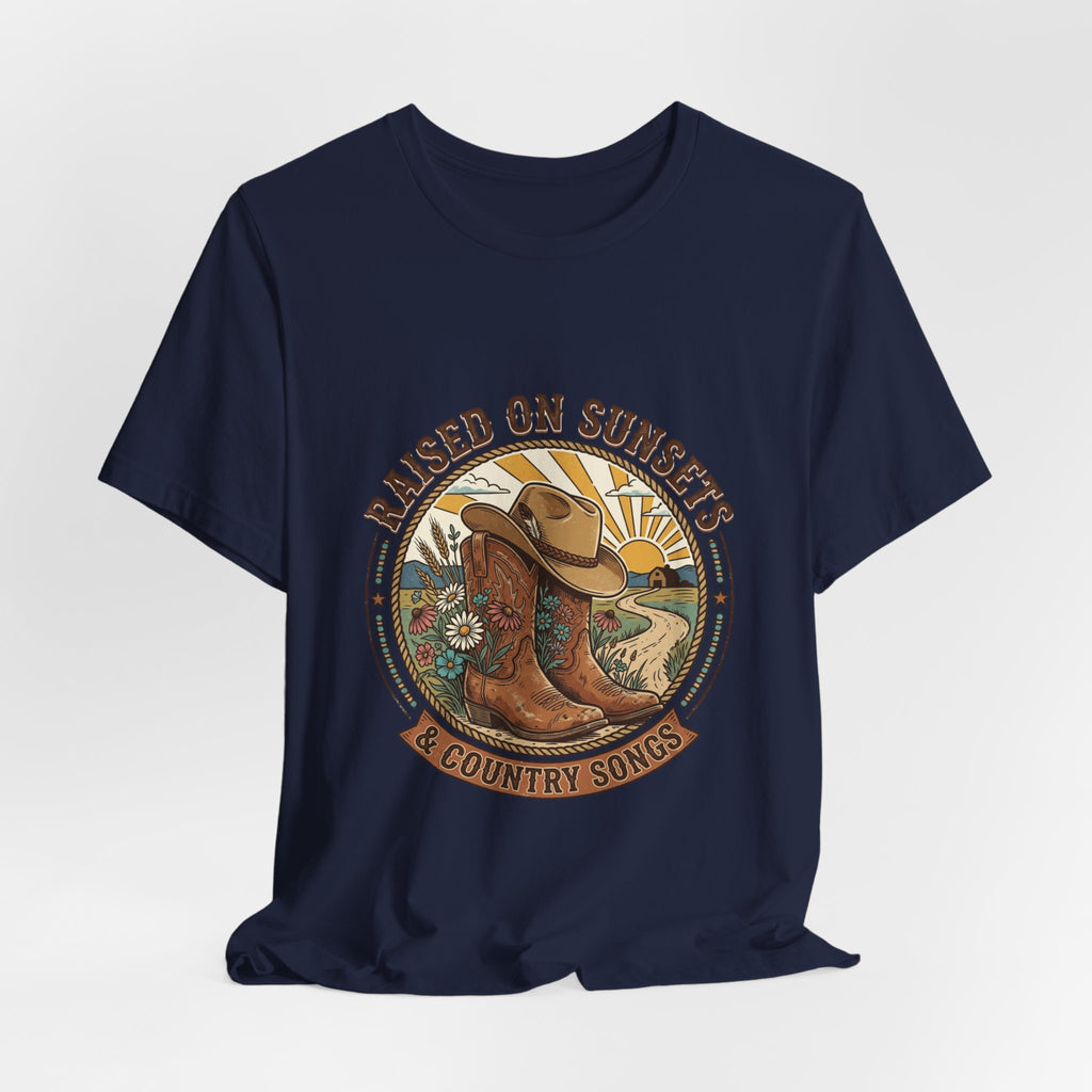 Raised on Sunsets Cowboy Boot Tee | Western Cowgirl Rustic Prairie