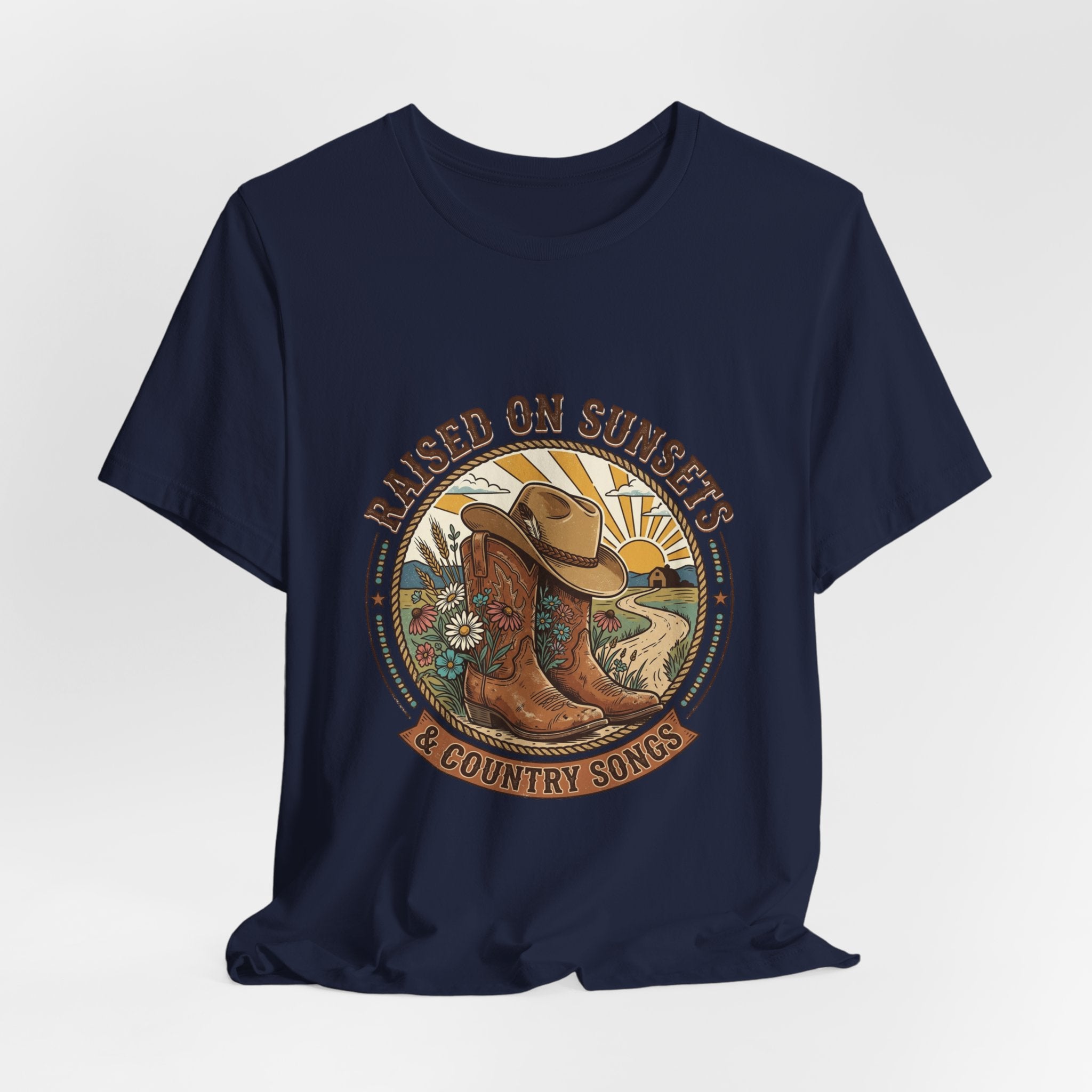 Raised on Sunsets Cowboy Boot Tee | Western Cowgirl Rustic Prairie