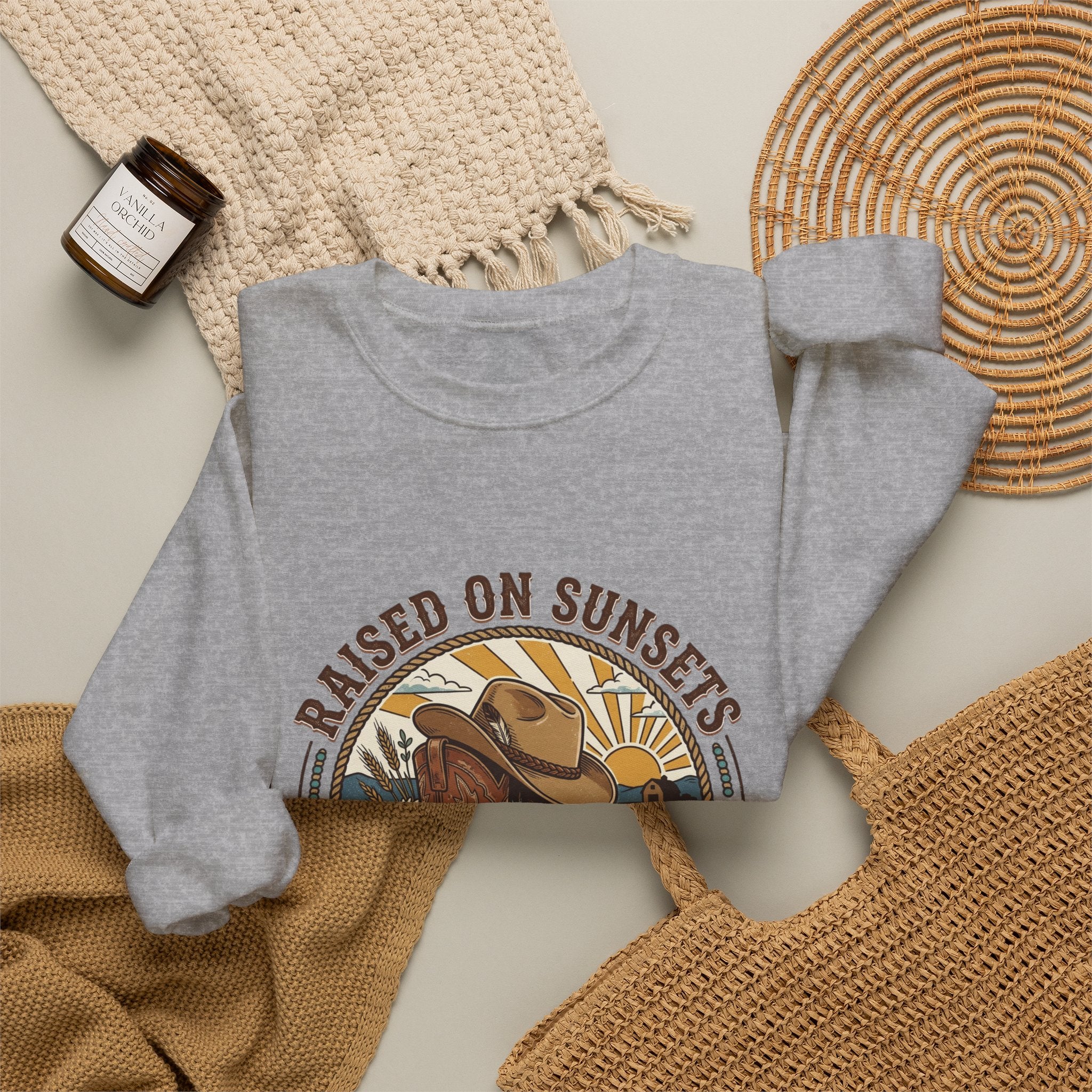 Raised on Sunsets Crewneck Sweatshirt | Western Cowgirl Ranch Rustic Prairie Vintage