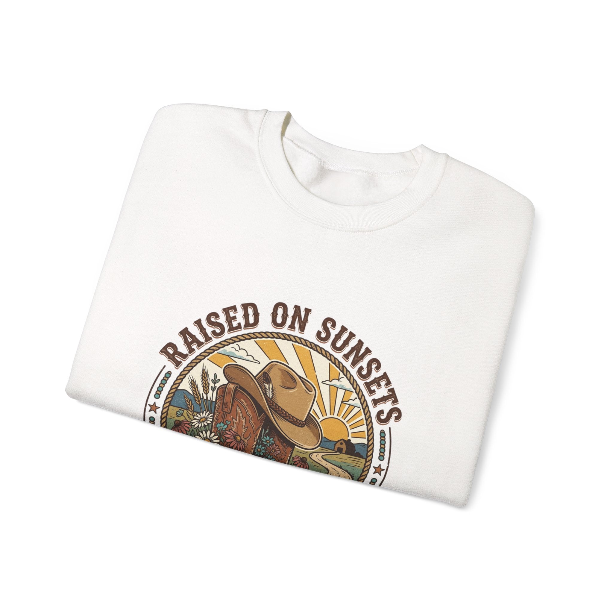 Raised on Sunsets Crewneck Sweatshirt | Western Cowgirl Ranch Rustic Prairie Vintage