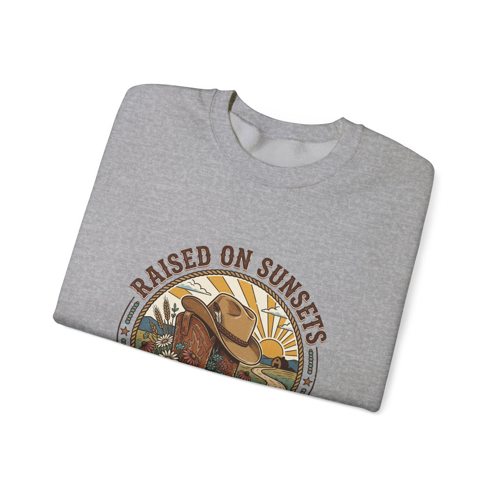 Raised on Sunsets Crewneck Sweatshirt | Western Cowgirl Ranch Rustic Prairie Vintage