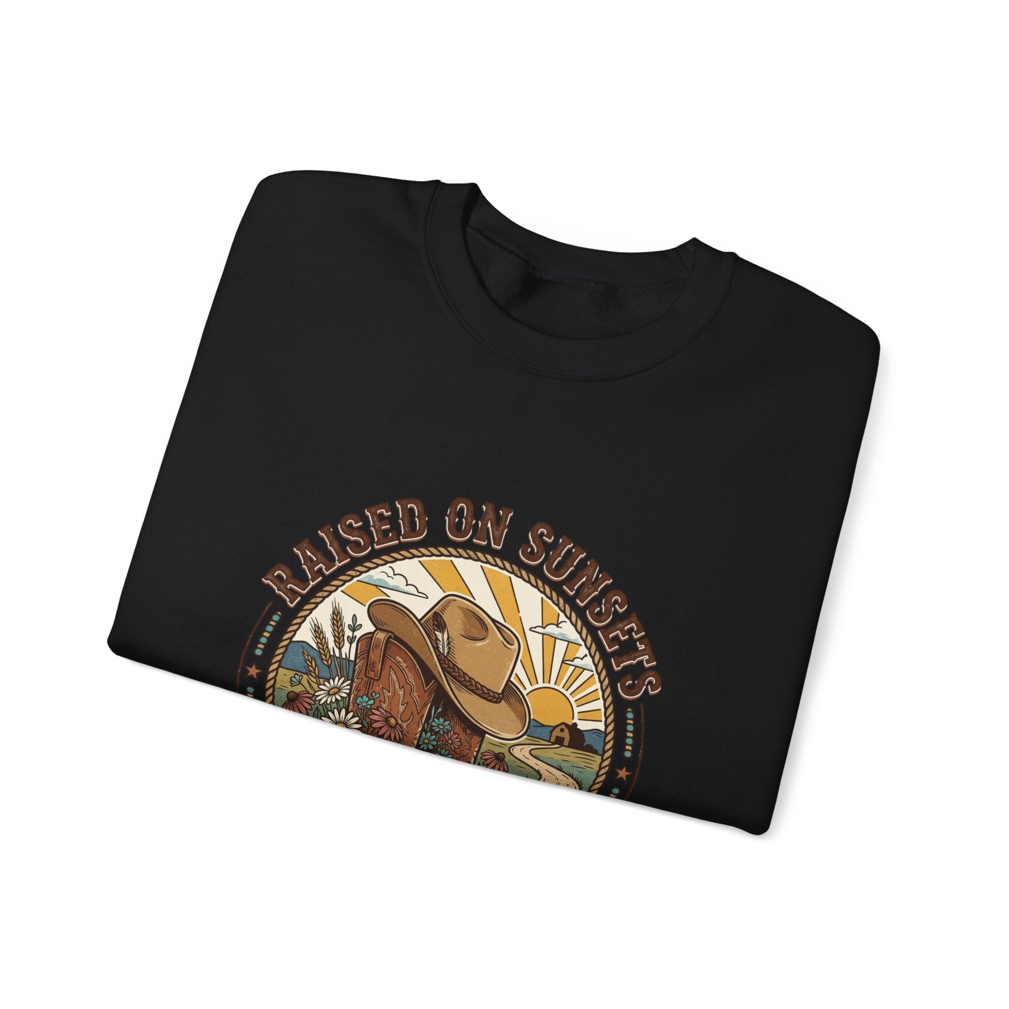 Raised on Sunsets Crewneck Sweatshirt | Western Cowgirl Ranch Rustic Prairie Vintage
