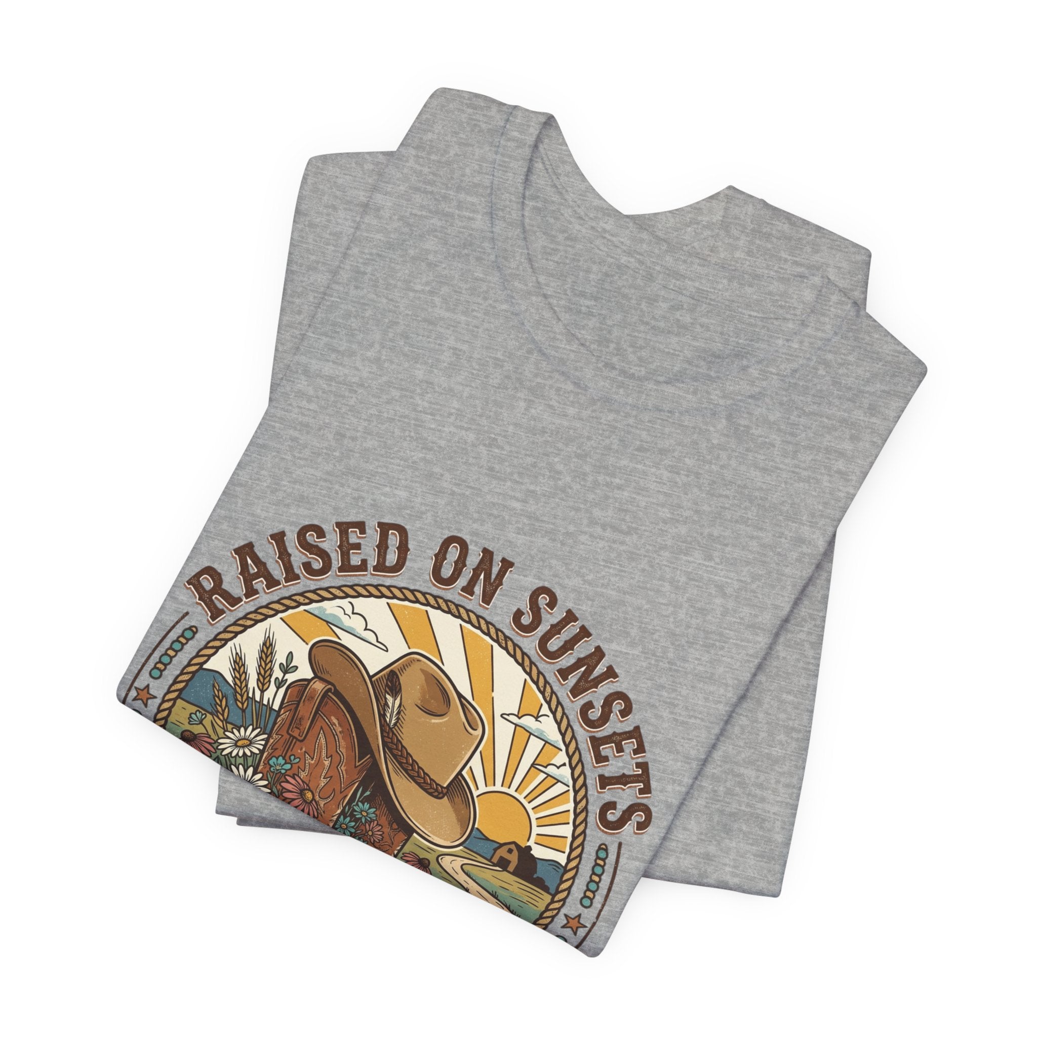 Raised on Sunsets Cowboy Boot Tee | Western Cowgirl Rustic Prairie