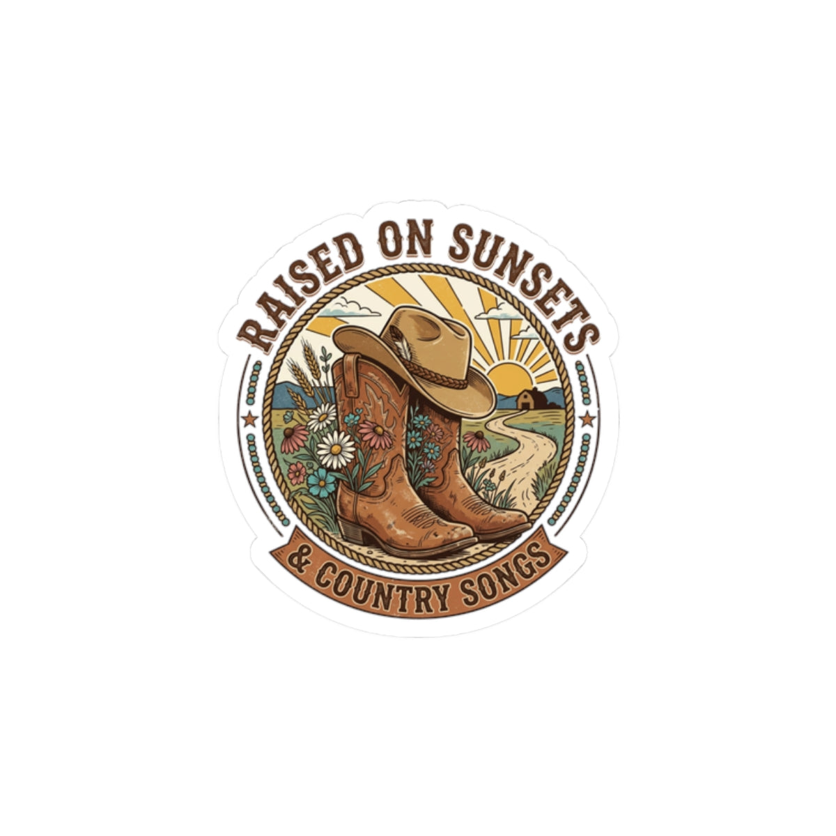 Raised on Sunsets Cowgirl Boots Sticker | Western, Rustic Prairie Vintage