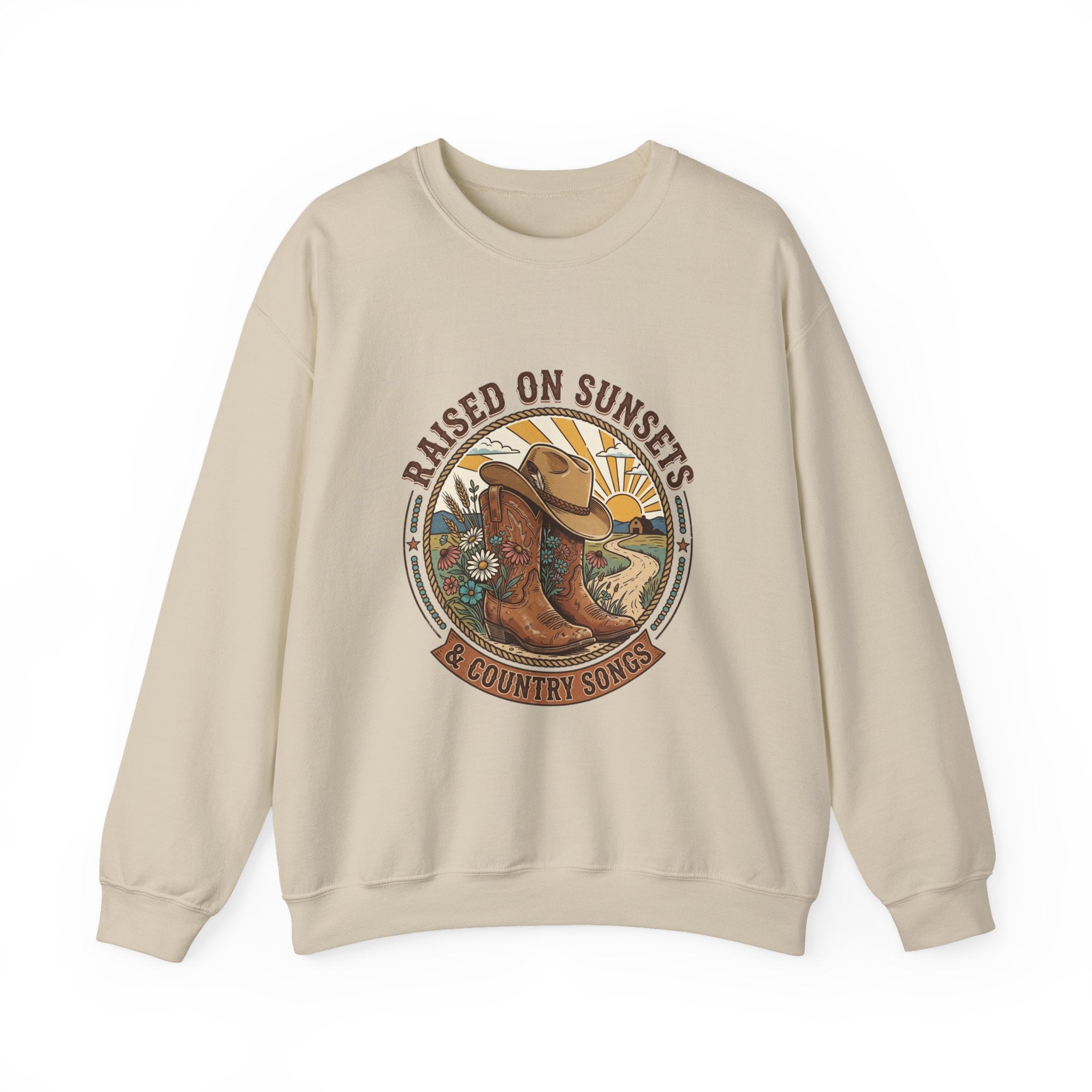 Raised on Sunsets Crewneck Sweatshirt | Western Cowgirl Ranch Rustic Prairie Vintage