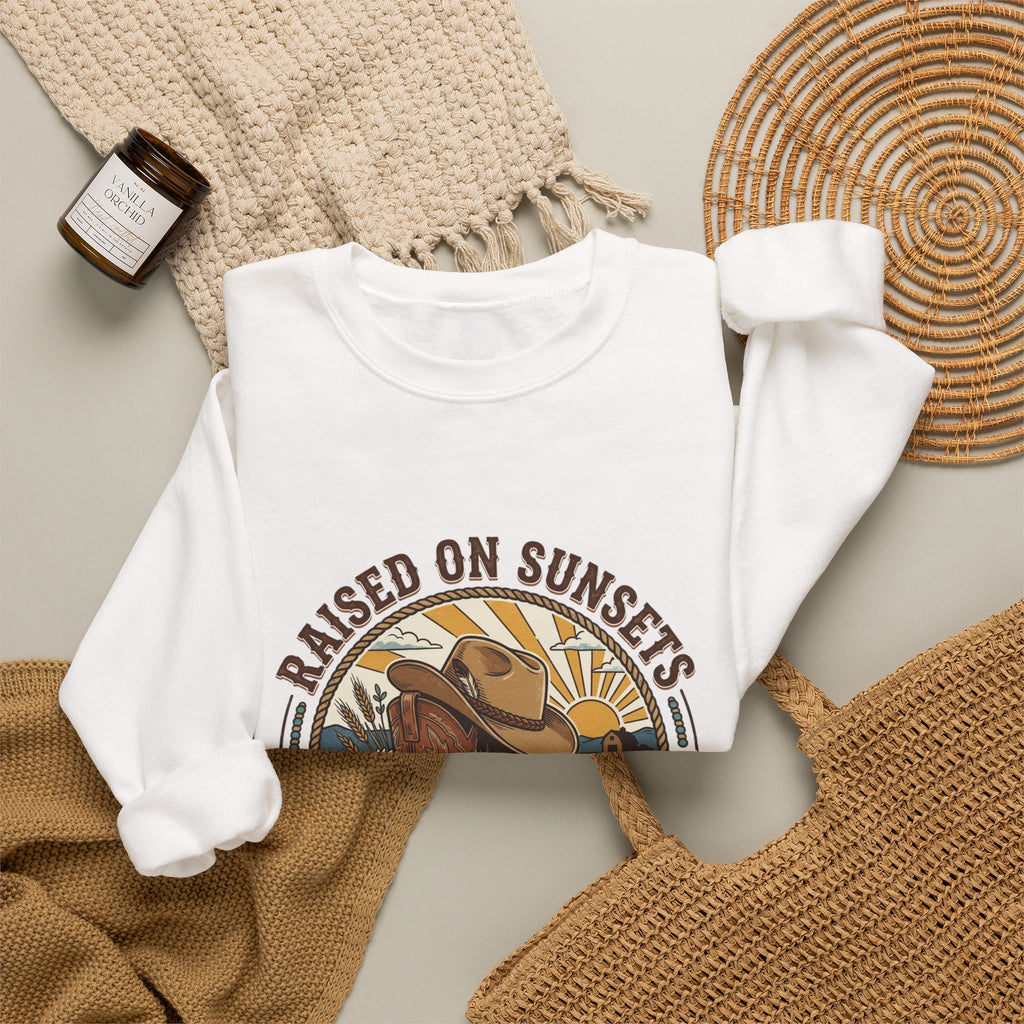 Raised on Sunsets Crewneck Sweatshirt | Western Cowgirl Ranch Rustic Prairie Vintage