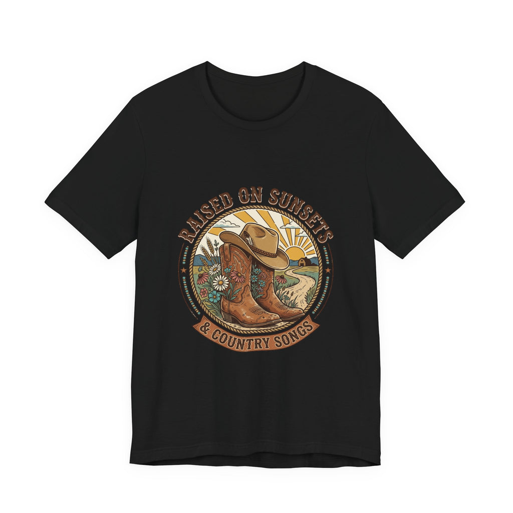 Raised on Sunsets Cowboy Boot Tee | Western Cowgirl Rustic Prairie