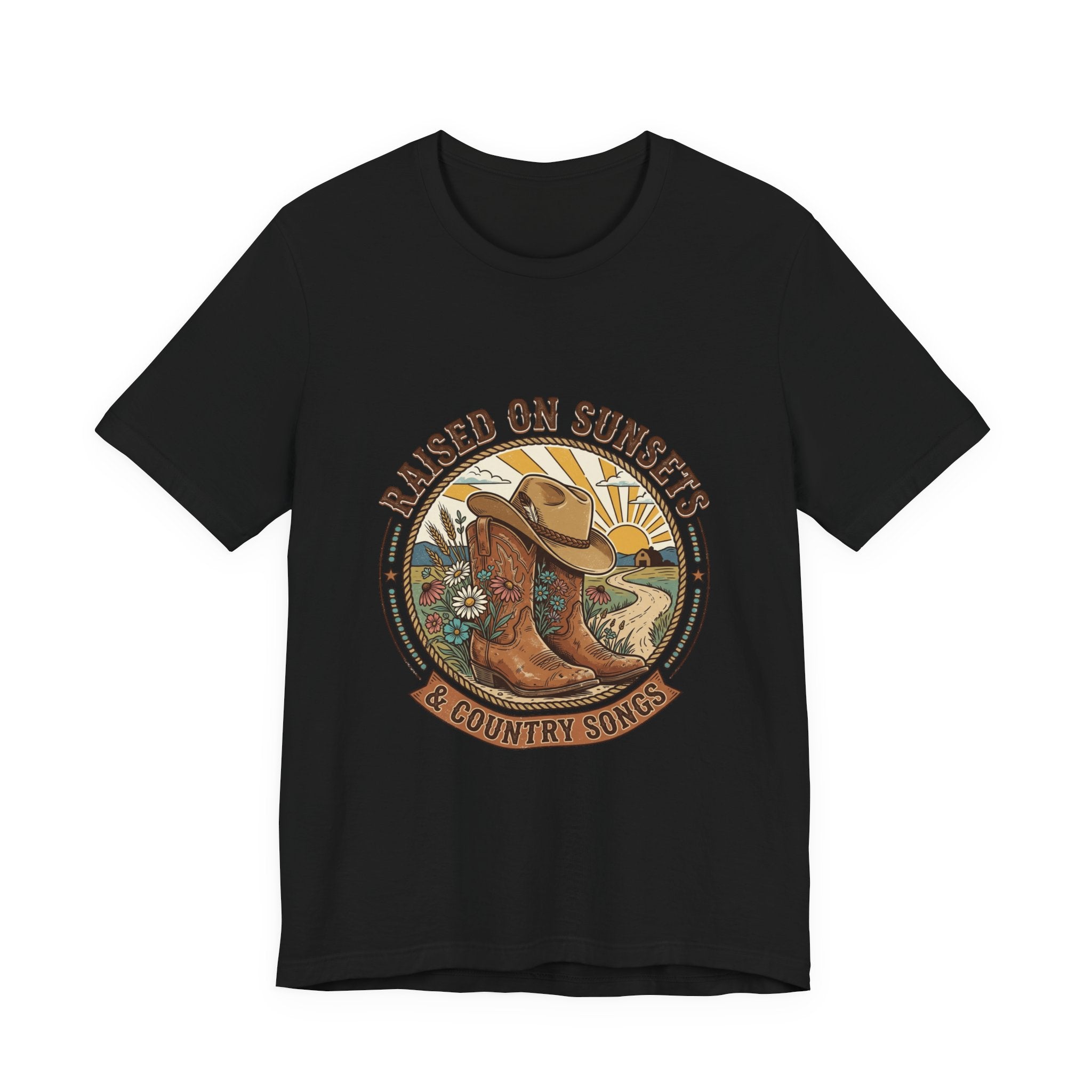 Raised on Sunsets Cowboy Boot Tee | Western Cowgirl Rustic Prairie