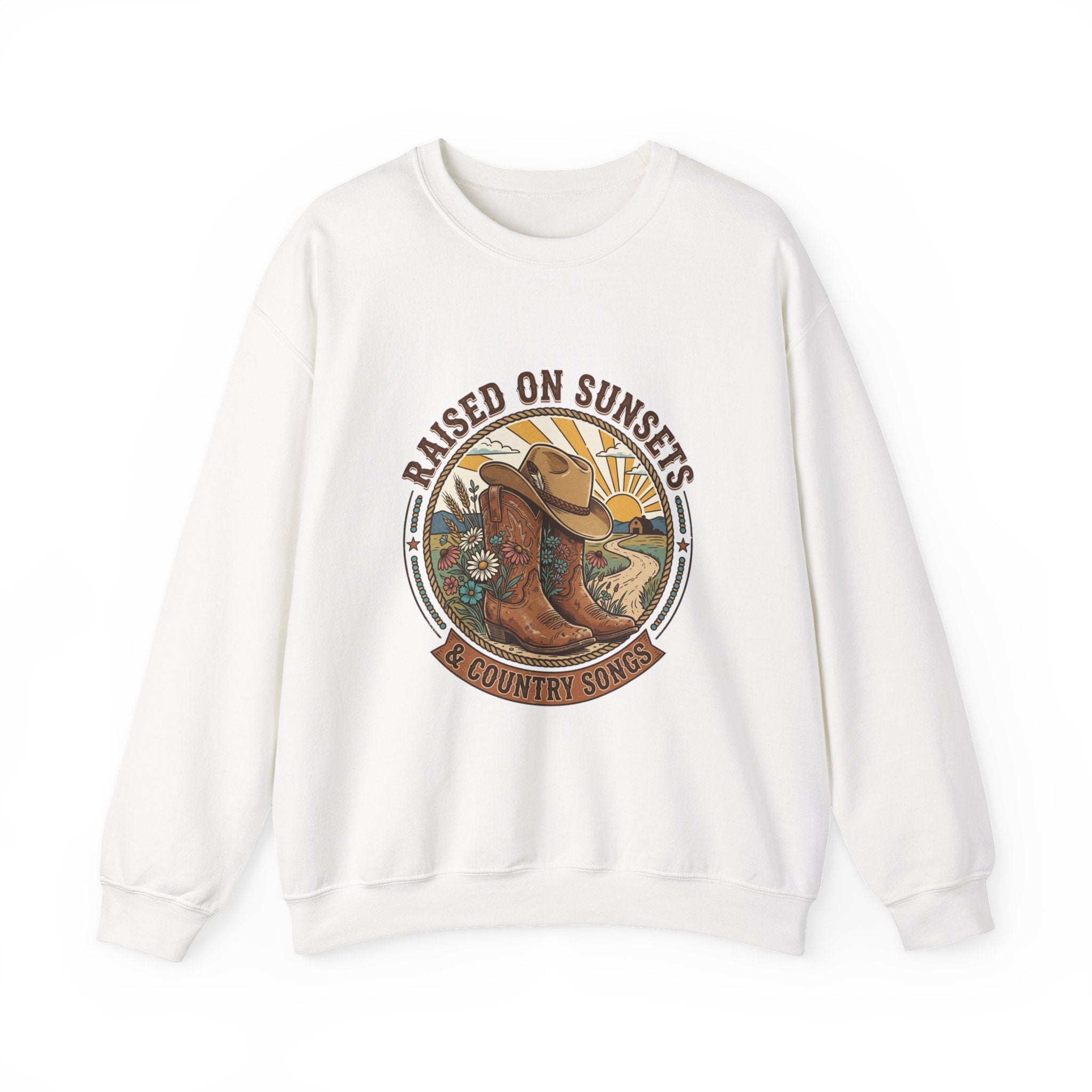 Raised on Sunsets Crewneck Sweatshirt | Western Cowgirl Ranch Rustic Prairie Vintage
