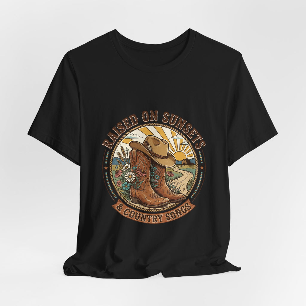 Raised on Sunsets Cowboy Boot Tee | Western Cowgirl Rustic Prairie